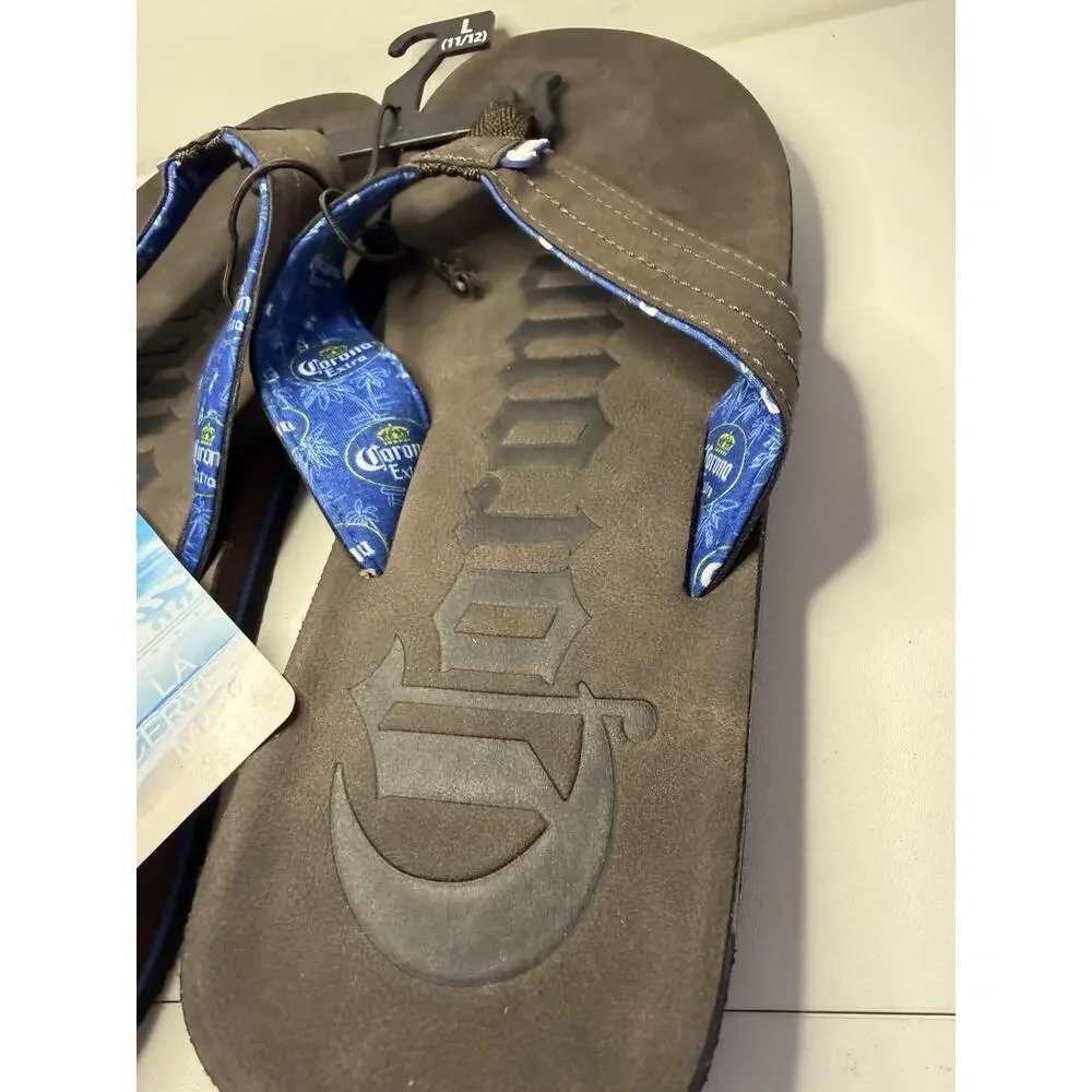 NWT Corona Extra Mens Flip Flops Sandals Size L 11 12 Brown Blue NEW Vacation